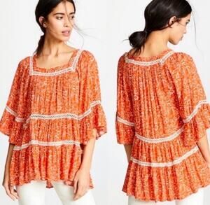 Free People Talk About It Floral Tunic Top Medium Orange Boho Hippie Crochet